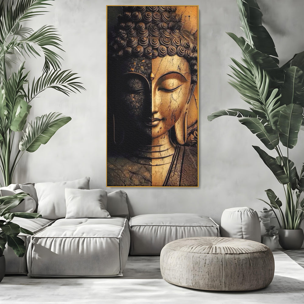 Tablou canvas cu tablou canvas cu chipul lui buddha in doua culori, in rama de aluminiu auriu, pe perete intr-un living